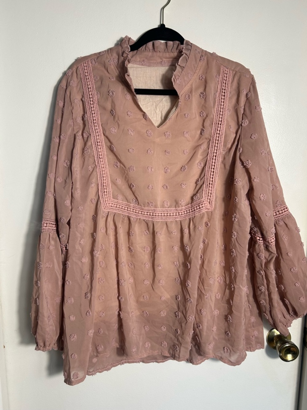 Source Unknown Dusty Blush Pink Ruffled Yoke Peasant Tunic